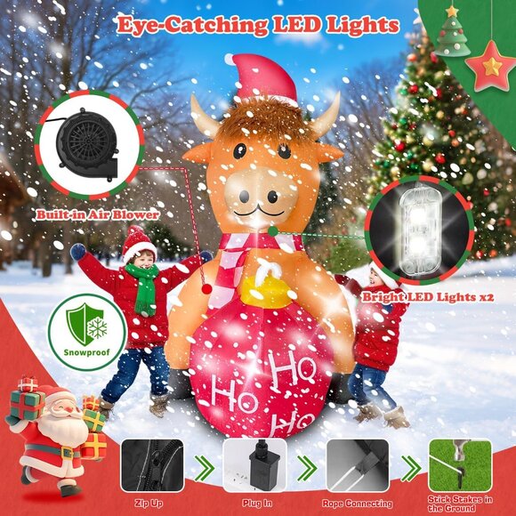 4FT Christmas Inflatable Cow with LED Lights Blow Up Yard Garden Holiday Decor - Picture 2 of 7